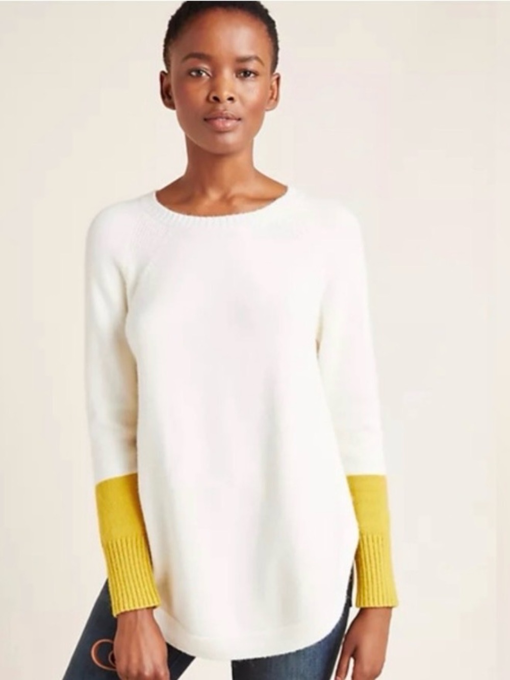 Anthropologie Cream Sweater with Mustard Sleeve Cuffs